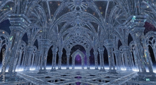 Majestic Crystal Palace Interior with Intricate Architectural Details and Sparkling Light.