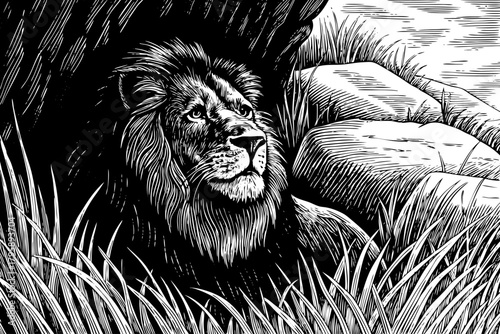 A calm male lion rests quietly inside black and white tall grass, half hidden while observing the landscape with sleepy yet alert eyes in early morning light