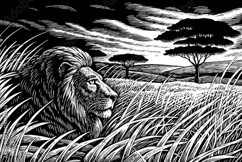 A calm male lion rests quietly inside black and white tall grass, half hidden while observing the landscape with sleepy yet alert eyes in early morning light
