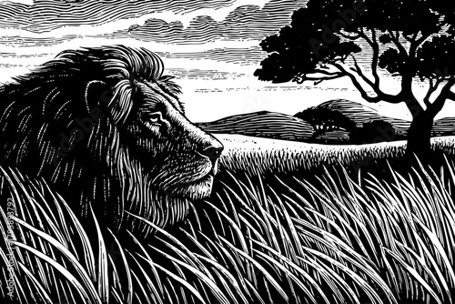 A calm male lion rests quietly inside black and white tall grass, half hidden while observing the landscape with sleepy yet alert eyes in early morning light