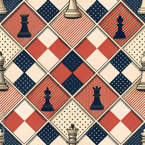 Chess pieces in a seamless pattern vintage style vector illustration perfect for backgrounds and textile designs Seamless pattern textile colorful