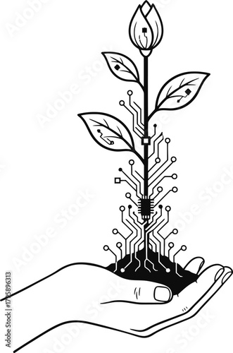 Technology and nature combine in a human hand holding a plant
