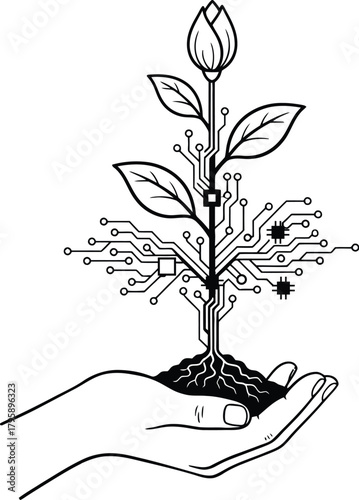 Technology and nature combine in a human hand holding a plant