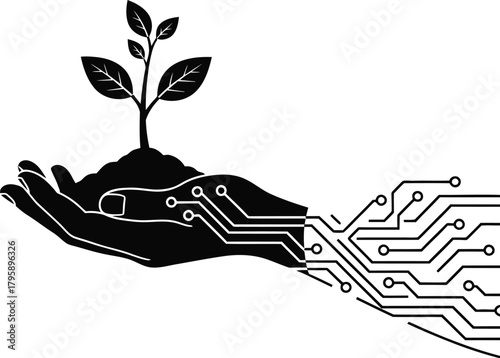 Technology and nature combine in a human hand holding a plant