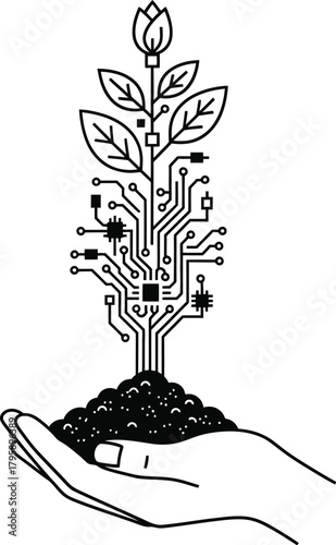 Technology and nature combine in a human hand holding a plant