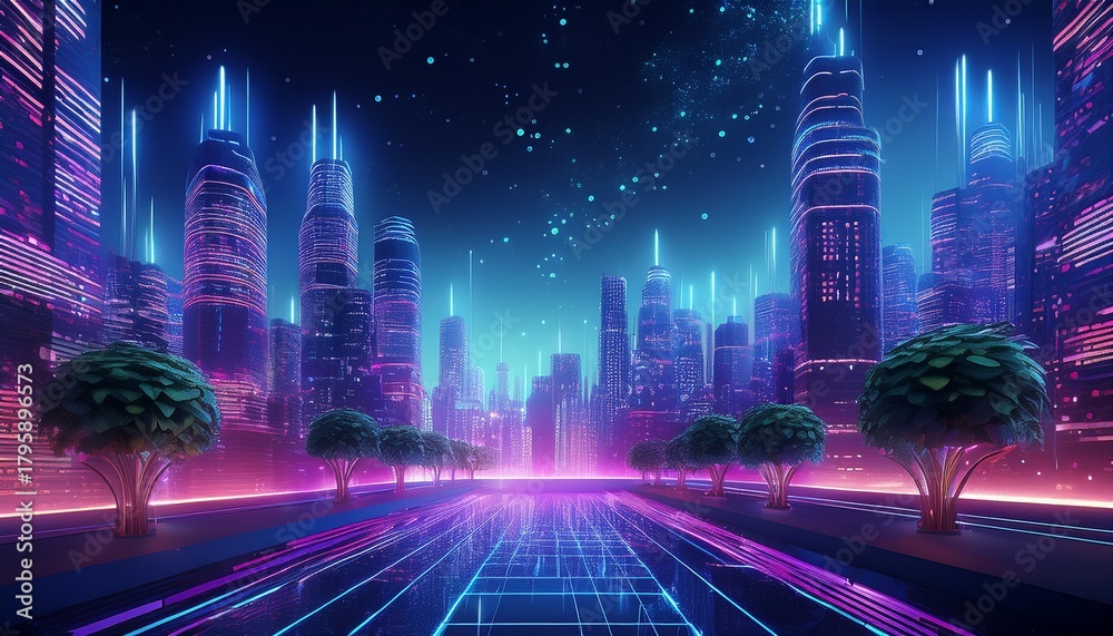 Fototapeta premium neon futuristic cityscape with glowing skyscrapers and digital plants under a starry night sky
