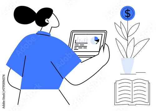Woman viewing tablet with data charts, plant symbolizing growth, and open book. Ideal for business, finance, success, education, analysis productivity and learning themes. Simple flat metaphor