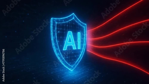 A glowing blue and red shield featuring the letter AI, symbolizing artificial intelligence and digital security technology.