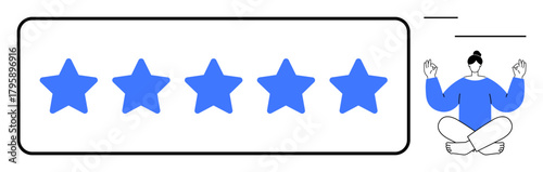 Row of five blue stars with a meditative figure sitting cross-legged. Ideal for customer review, satisfaction, quality, mindfulness, balance, reliability, success concepts. Simple flat metaphor