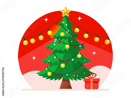 Festive happy Christmas scene with the closeup of a nicely decorated fir tree and red illuminated background with hanging blurred li