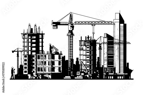 Construction Site with Tower Crane. Vector Illustration of Residential Building Development, Skyscraper Construction and Modern City Landscape
