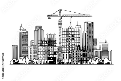 Construction Site with Tower Crane. Vector Illustration of Residential Building Development, Skyscraper Construction and Modern City Landscape
