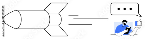 Rocket in motion toward a person using a tablet with a chat bubble and thumbs-up, symbolizing innovation, teamwork, progress, digital feedback, communication, goal achievement, simple flat metaphor