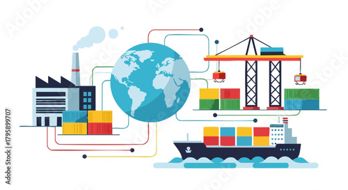 Global Trade and Logistics Network Illustration with Factory, Globe, Crane, and Ship.