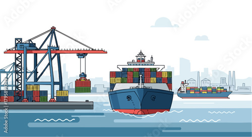 Busy Port Scene with Cargo Ship and Crane Unloading Containers.