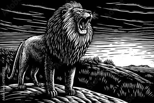 fierce lion roars loudly atop a dry hill as the orange sunset illuminates his mane, showcasing raw power and territorial presence across the savannah