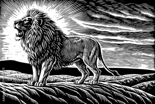 fierce lion roars loudly atop a dry hill as the orange sunset illuminates his mane, showcasing raw power and territorial presence across the savannah