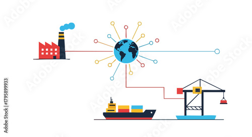Global Supply Chain Network Connecting Factory, Earth, Ship, and Crane.
