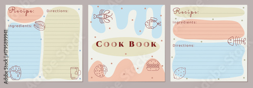 Cook book template, color vector recipe pages set. Doodle cartoon design with food icons. Three cards in vintage boho style. Retro square blanks with recipe name, ingredients and directions