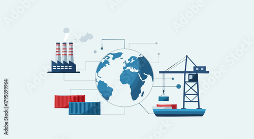 Global Industry and Trade Illustration with Factory, Crane, and Containers.