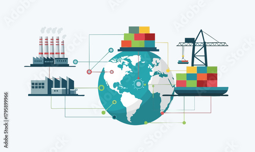 Global Trade and Logistics Network Connecting Industries and Shipping.