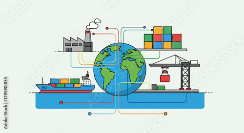 Global Trade and Logistics Network Connecting Industries and Transportation.