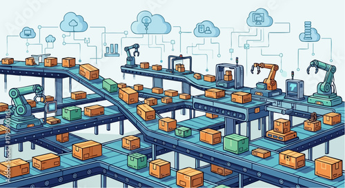 Automated Production Line with Robotic Arms and Cloud Connectivity.
