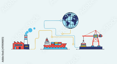 Global Supply Chain Illustration - Factory, Ship, Port, and Globe.