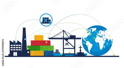 Global Trade and Logistics Network Illustration with Factory and Shipping.