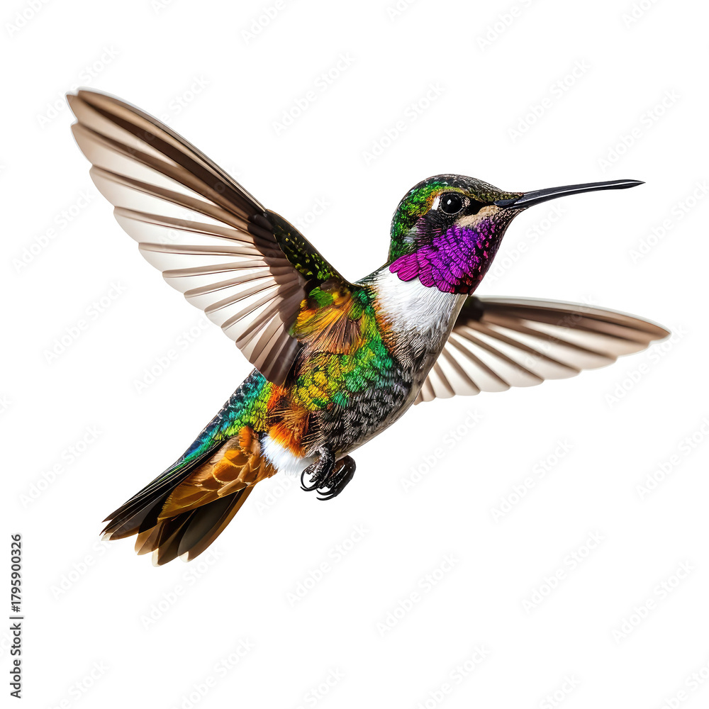 Fototapeta premium Hummingbird in flight, iridescent colors, wings spread