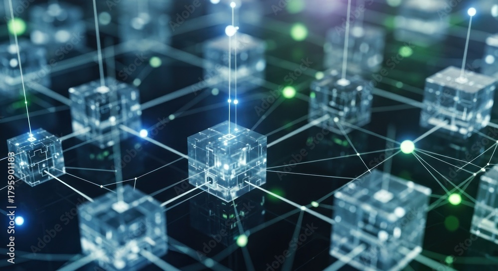 Obraz premium Abstract network of interconnected cubes representing blockchain technology and data transfer.