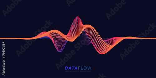 Big Data Flow wavy point lines. Minimalistic neural network information analysis. Digital dynamic qubits of data. AI technology voice print