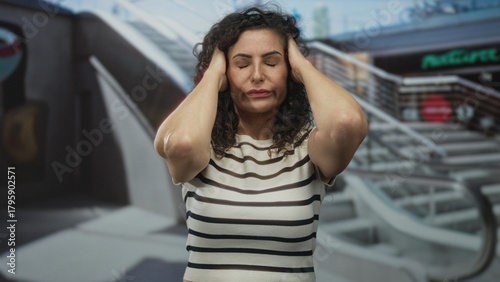 Bilde på lerret Woman holds head with hands in mall building by escalator railing covering ears in discomfort; stress anxiety
