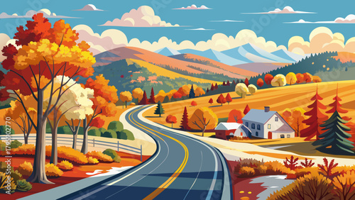 Very beautiful autumn and early winter scene in Walpole, New Hampshire, USA, featuring colorful fall leaves covering a highway, snow-dusted fields, and a serene countryside landscape under crisp clear