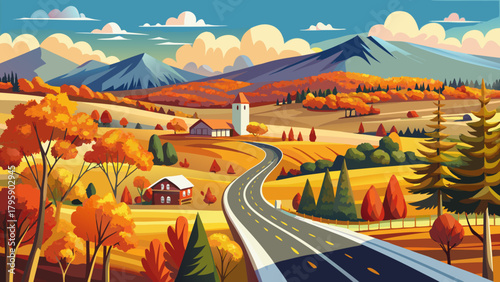 Very beautiful autumn and early winter scene in Walpole, New Hampshire, USA, featuring colorful fall leaves covering a highway, snow-dusted fields, and a serene countryside landscape under crisp clear