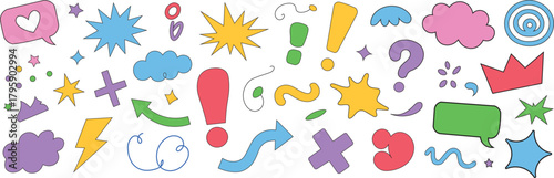 Funny, adorable speech bubble cartoon effect element collection.  Cartoon vector icon, line movement, star spark, emoji, and adorable speech bubble.  Draw an outline of a heart, arrow.