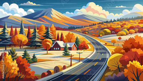 Very beautiful autumn and early winter scene in Walpole, New Hampshire, USA, featuring colorful fall leaves covering a highway, snow-dusted fields, and a serene countryside landscape under crisp clear