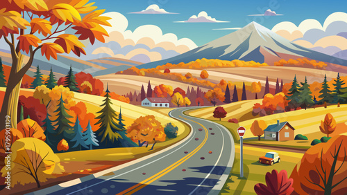 Very beautiful autumn and early winter scene in Walpole, New Hampshire, USA, featuring colorful fall leaves covering a highway, snow-dusted fields, and a serene countryside landscape under crisp clear