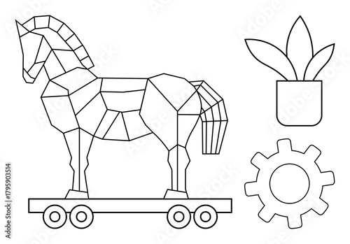 Geometric Trojan horse on wheels, potted plant, and gear outline. Ideal for strategy, deception, nature, technology, productivity innovation and teamwork themes. Simple flat metaphor