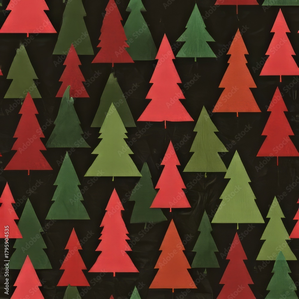 Obraz premium Colorful Christmas tree seamless pattern illustration with vibrant red and green hues on dark background