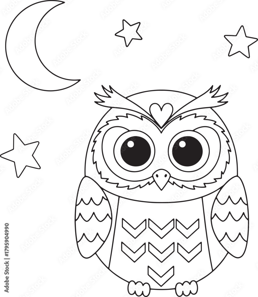 Fototapeta premium Cute cartoon owl with stars and moon