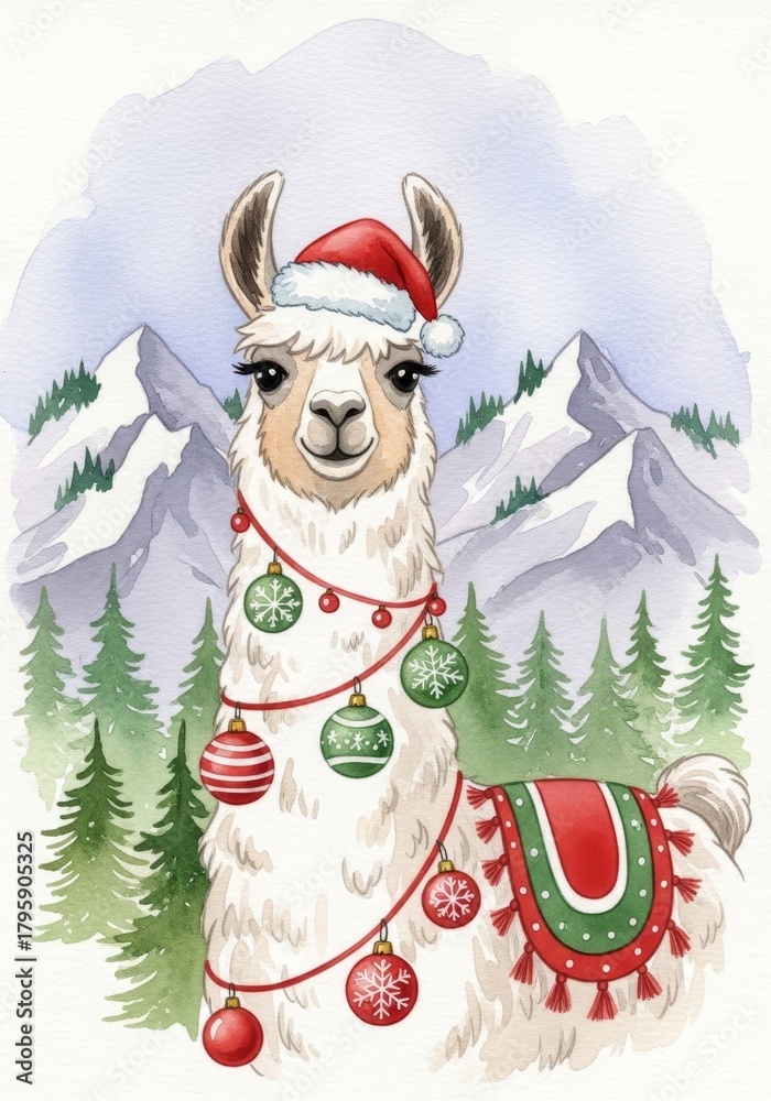 Fototapeta premium Watercolor illustration of cute llama wearing Santa hat and ornaments against snowy mountains, perfect for Christmas greeting cards, kids' apparel, holiday decor.