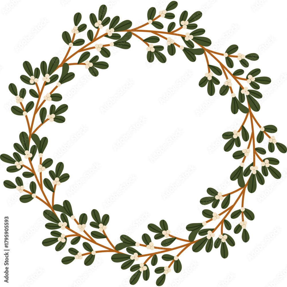 Fototapeta premium Mistletoe White Berry Wreath Circle Frame Border