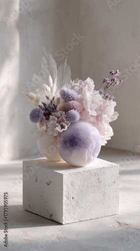 Elegant floral still life with pastel purple and white blooms on marble block