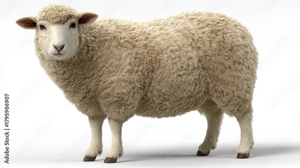 Fototapeta premium Domesticated woolly ovine stands facing forward against a bright white backdrop