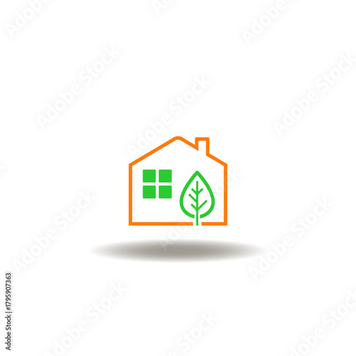 Vector illustration of house with green leaf. Icon of green eco construction building. Symbol of energy saving, efficiency and environmentally sustainable.