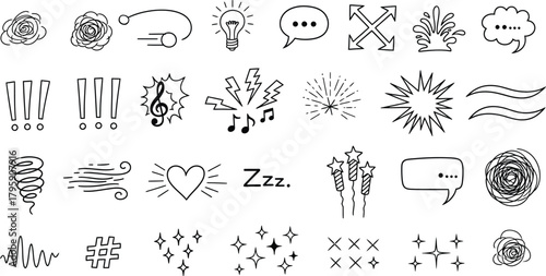 Hand- Drawn Doodle Icons of Symbols, Shapes, and Expressions on White Background hand-drawn