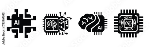 ai learning chip silhouette icon vector set.