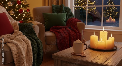 Cozy Christmas Living Room with Candles and Christmas Tree.