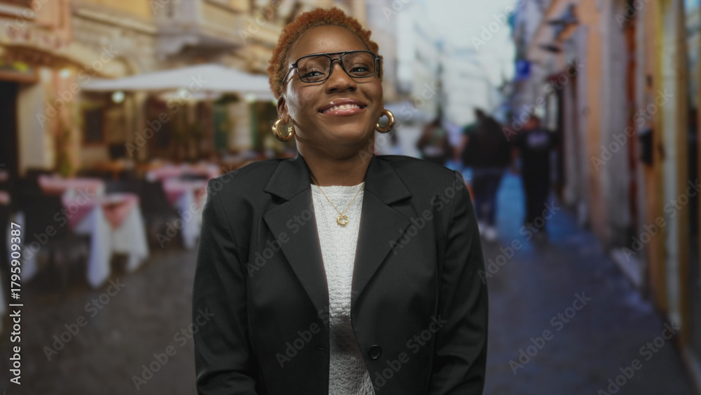 Naklejka premium Woman wearing glasses and gold earrings smiles amid restaurant terrace tables on street; confidence empowerment.